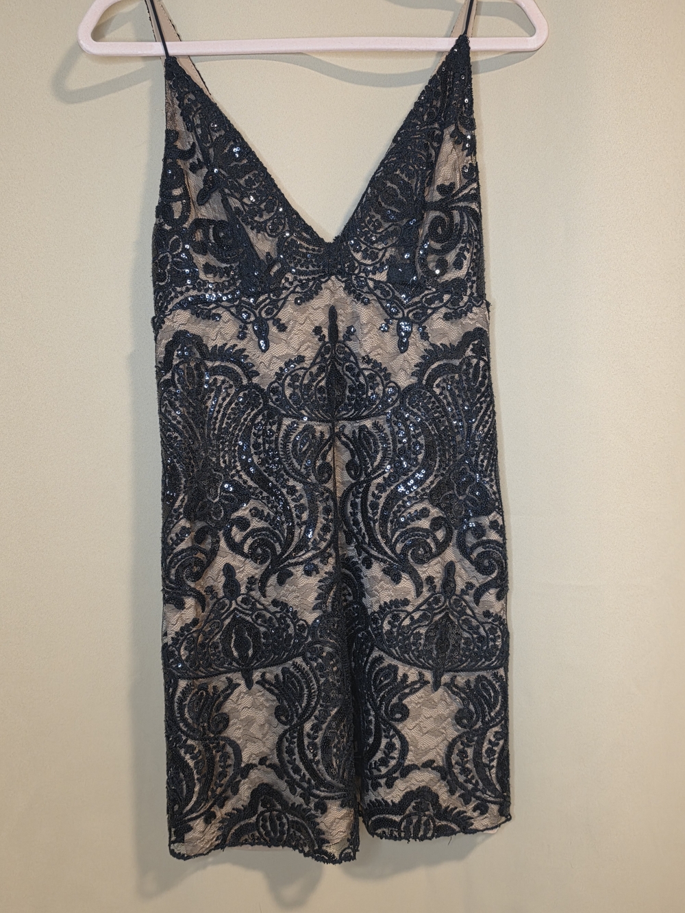 Free People Navy Sequin Lace V-Neck Dress with Nude Lining